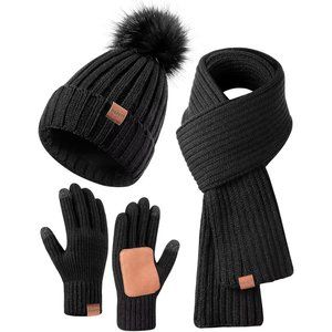 3 in 1 Set Womens Beanie with Pom Pom Long Scarf Neck Warmer Touchscreen Gloves